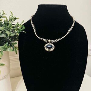Vintage Avon Blue Cat Eye Aztec Silver Choker Necklace